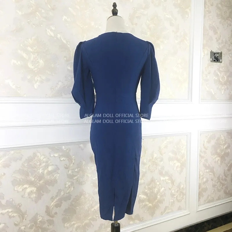 Осенние пышные Половина рукава Синий Vestidos карандаш пояса облегающие Женские пикантная ткань до колен офисное платье