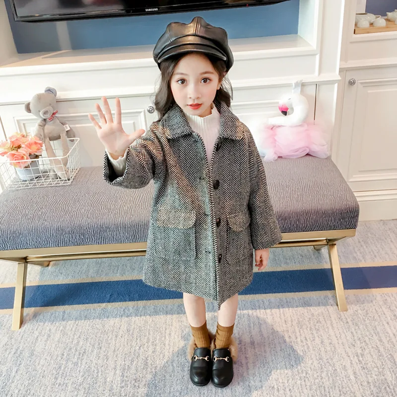 

2018 Girls Autumn And Winter New Style Korean-style Single Breasted Padded Woolen Jacket Duffle Coat Children