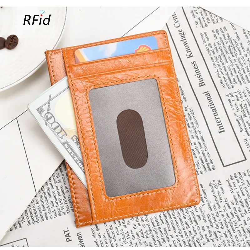 RFID натуральная кожа легко нажимать визитница мужской воск масло Винтажный Плоский широкий плюс размер бумажник для документов прозрачный Wndow чехол - Цвет: yellow