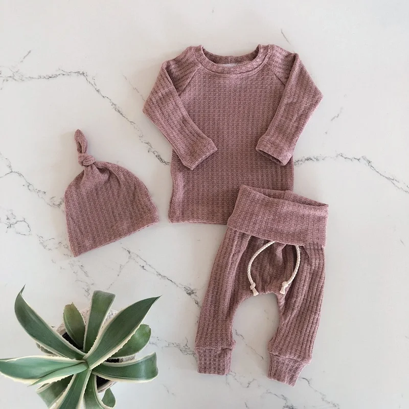 Autumn Winter Waffle Baby Outfit Neutral Baby Girls Boys Long Sleeve Clothes Pant Beanies Soft Home Outfit Ropa Bebe 3pcs/set Baby Clothing Set for girl Baby Clothing Set