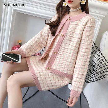 

Runway Designer 2019 Women 2 Piece Set Autumn/Fall Elegant Single Breasted Plaid Cardigans+Mini Dress Vintage Two Piece Set