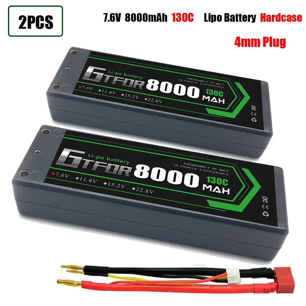 GTFDR 2PCS 2S Lipo Battery 7.4V 7.6V HV 8400mAh 7000mAh 6200mA 5200mAh 140C/280C 100C/200C 60C/120C 4mm for 1/8 1/10 Road RC Car 2