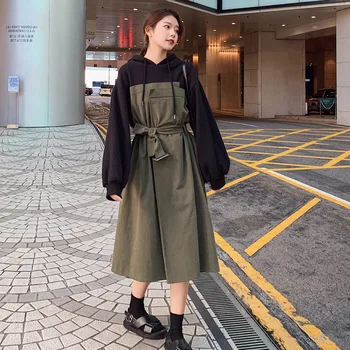

Factory Direct Classic Outerwear Mid Length Waist Down Hooded Long Dress Patchwork Lantern Sleeve Fashion Ladies Vintage Dress