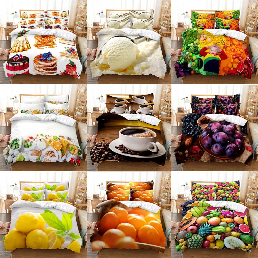 3D HD Fruit Quilt Cover Duvet Pillow Case bed Set Food Cake Coffee Linen King Queen Twin Single Double 3PCS 2PCS Lemon Orange 1