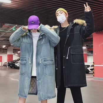 

2019 Autumn New Korean Men's Tooling Trend Solid Color Large Fur Collar Couple Thick Loose Casual Denim Fashion Coat