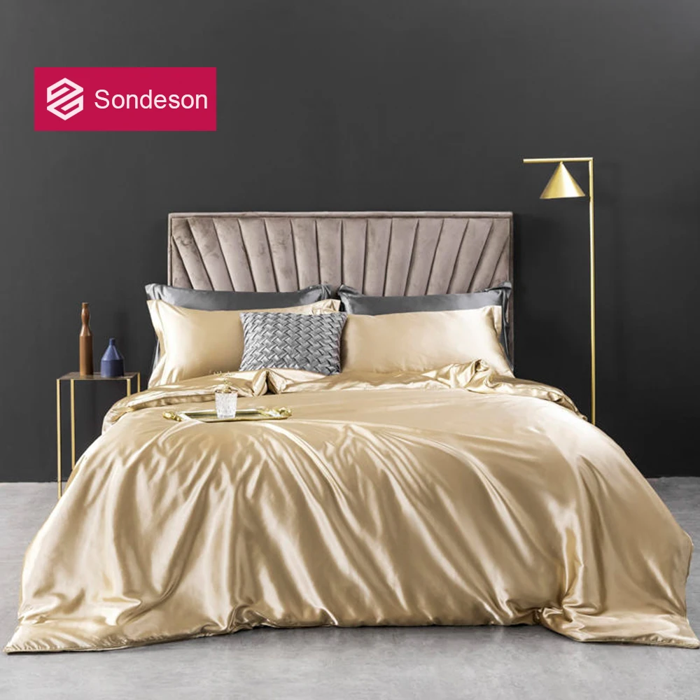 

Sondeson Beauty 100% Silk Champagne Gold Bedding Set 25 Momme Silk Healthy Duvet Cover Sets Soft Flat Sheet Pillowcase For Adult