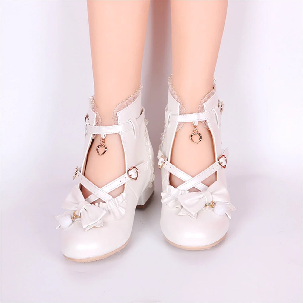 

Harujuku Sweet Lolita Shoes Vintage Round Head High-top Women Shoes Cute Lace Bowknot Cross Strap Kawaii Shoes Loli