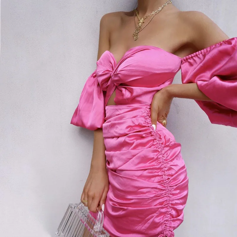 WannaThis с открытыми плечами с длинным рукавом шнурок-апом, просвечивающее сексуальное платье без бретелек с открытой спиной Бандажное платье атласная узкие розовые шелковые мини-Вечерние Платья