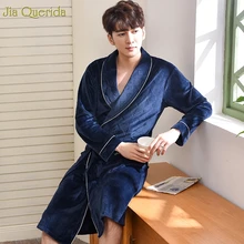 Зимние мужские халаты Банные домашние халаты Королевский синий супер мягкий остров бархатное кимоно с поясом японское длинное кимоно с рукавами