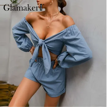 Glamaker Blue 2 piece suit Women top with knotted on the chest and loose shorts Casual cotton comfortable suit Lady 2021new sets 1