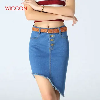 

Women Denim Skirt Knee-length Beveled Tassel Asymmetry High Waist Denim Casual Irregular Hip Skirt Button Decor
