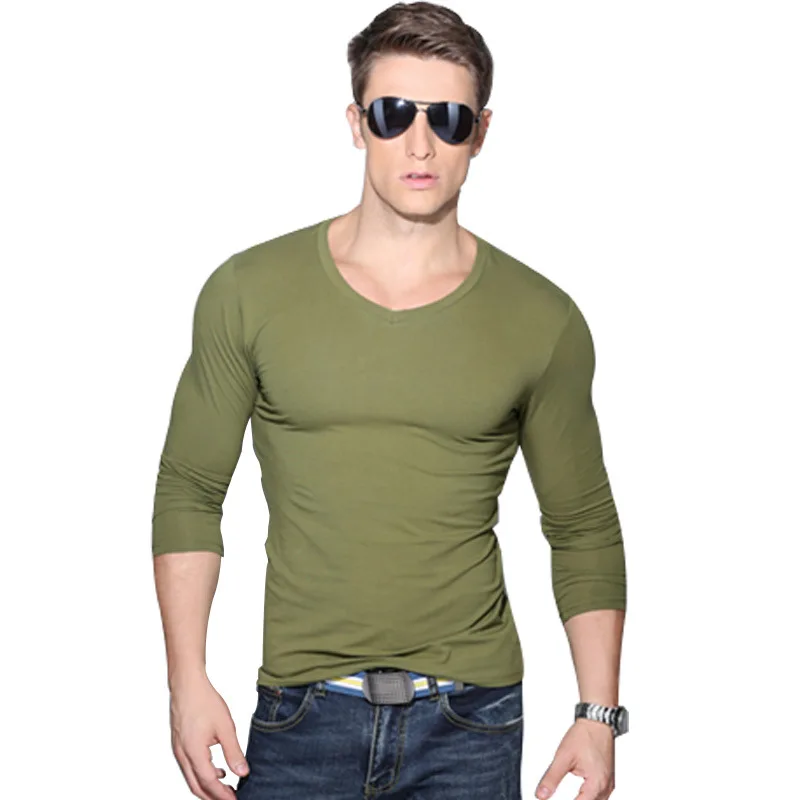 Green v Мужская футболка ONCE из лайкры и хлопка, 4XL, футболка с длинным рукавом, Мужская однотонная Повседневная футболка с длинным рукавом для мужчин - Цвет: Green v