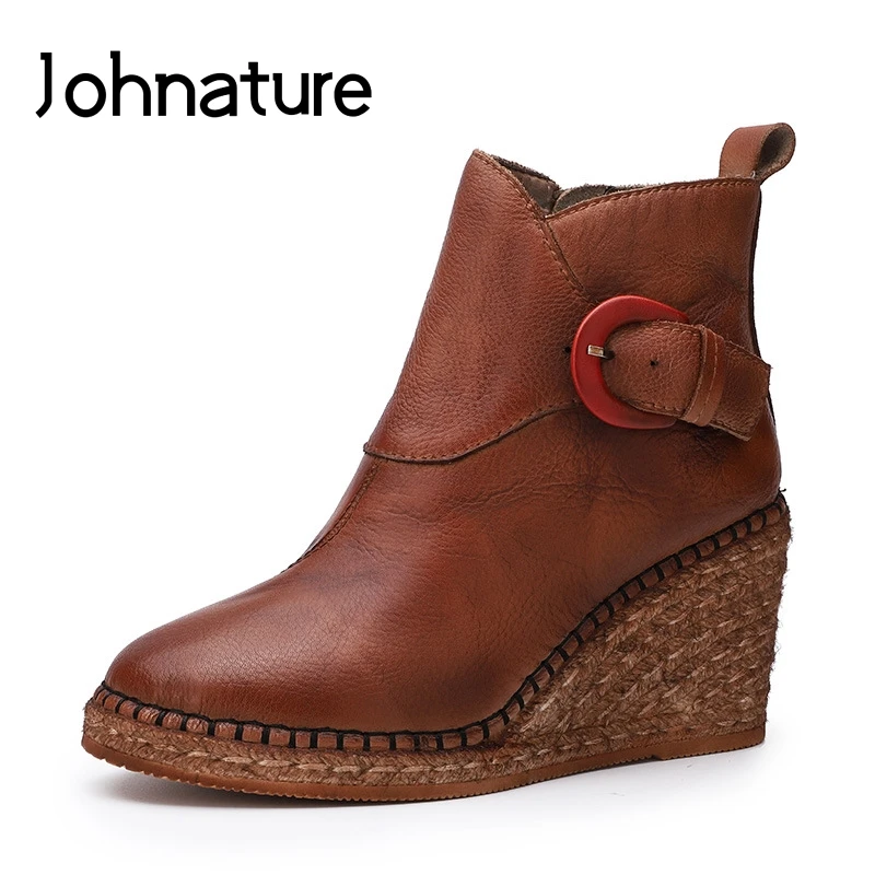 

Johnature 2019 New Winter Retro Platform Boots Women Shoes Genuine Leather Wedges Round Toe Zipper Solid Color Ankle Boots