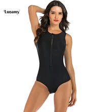 Lunamy, классический черный сдельный купальник, женский купальник, сексуальный, без рукавов, боди, пляжная одежда с молнией, купальник для женщин