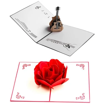 

NEW-2 Set 3D -up cut old card guitar postcard birthday happy greeting card Black & Red