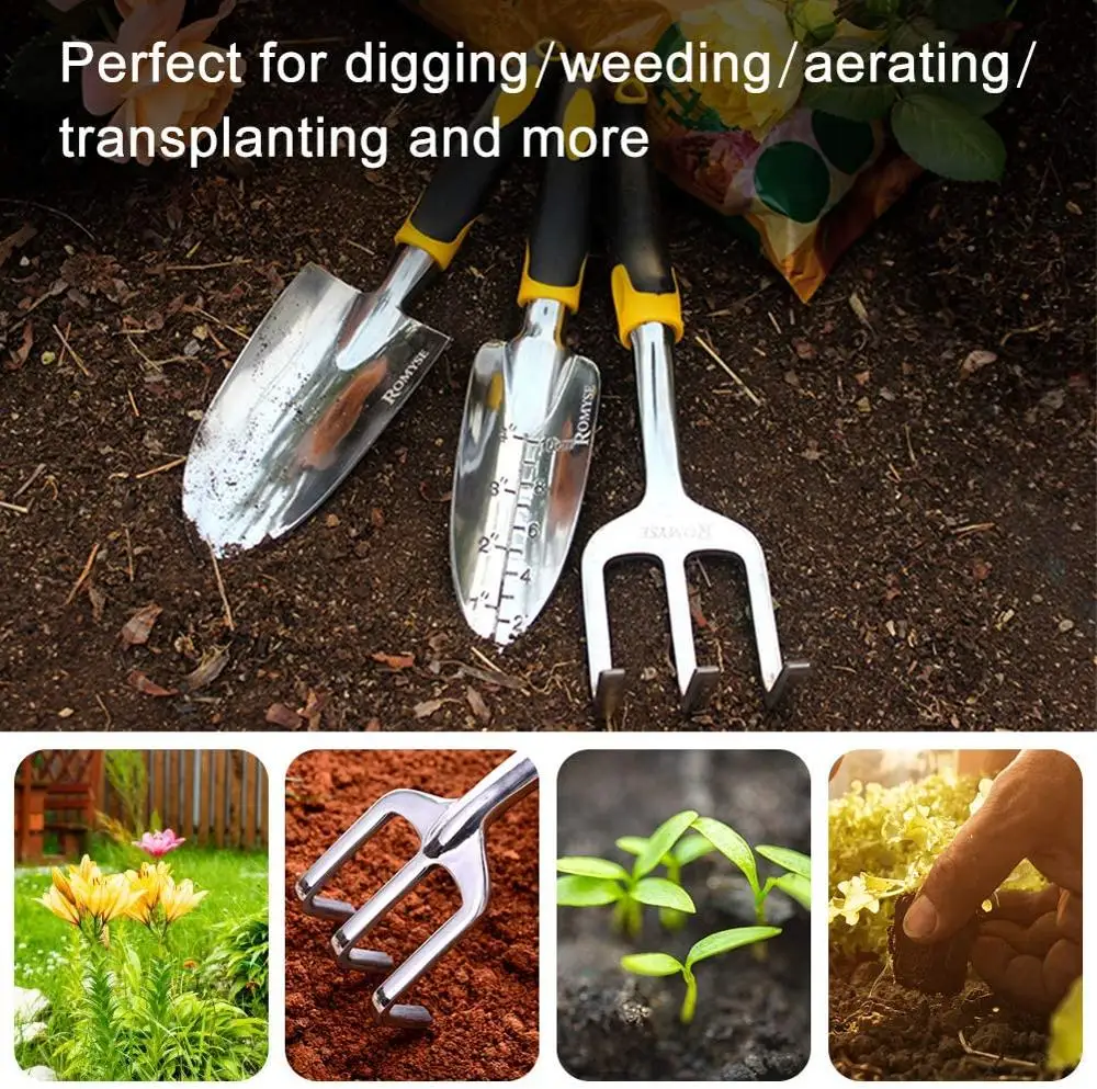 3Pcs 12Inch Cast-Aluminum Gardening Tool Kit Trowel Transplant Trowel Cultivator Hand Rake Rubberized Non-Slip Ergonomic Handle