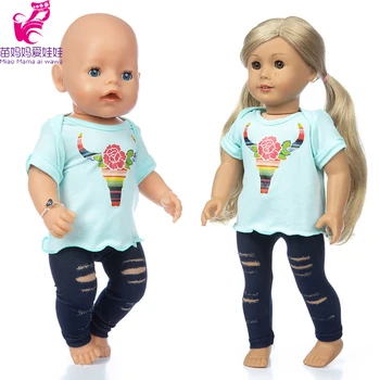 

18 inch american og girl doll clothes t-shirt Ripped jeans trousers 43cm baby new born doll outwear shirt Hole pants