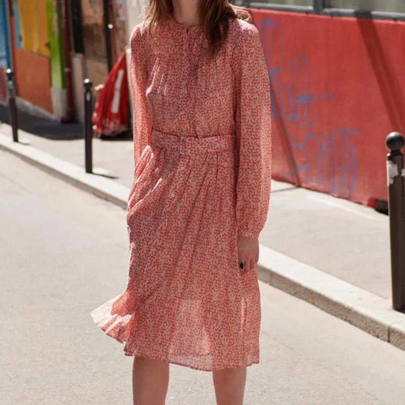 Женское платье с поясом в стиле ретро однобортное длинными рукавами и круглым