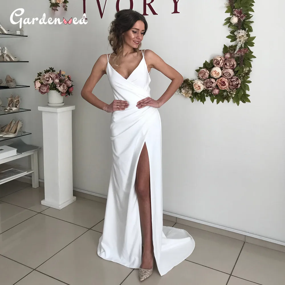 Simple V neck Wrap Wedding Dress 2020 Beach Spaghetti Strap Backless Bridal  Dress Sexy Tight High Split Bride Dress|Wedding Dresses| - AliExpress