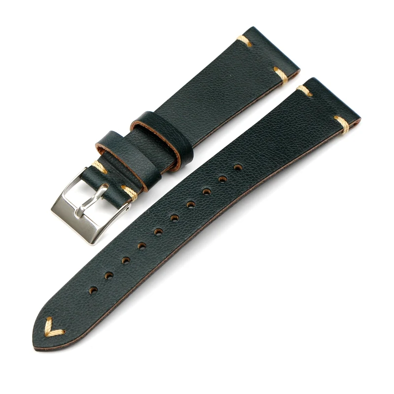 

20MM*16MM Vintage Dark Green Leather Strap First Layer Leather Watch Strap Men's Watch Accessories Belt 20MM Green Silver Buckle