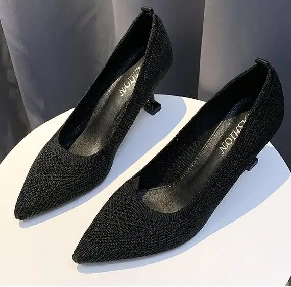 EOEODOIT/женские туфли-лодочки из тянущейся ткани 7 см; коллекция года; сезон осень; дышащая удобная дизайнерская женская обувь на высоком каблуке «рюмочка»; повседневная обувь на каблуке для офиса - Цвет: Черный