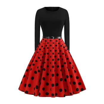 

2019 Autumn Winter Fashion Women Long Sleeve Christmas Dress Polka-dot Printed Skirt Dress For Women New Year Party Dress