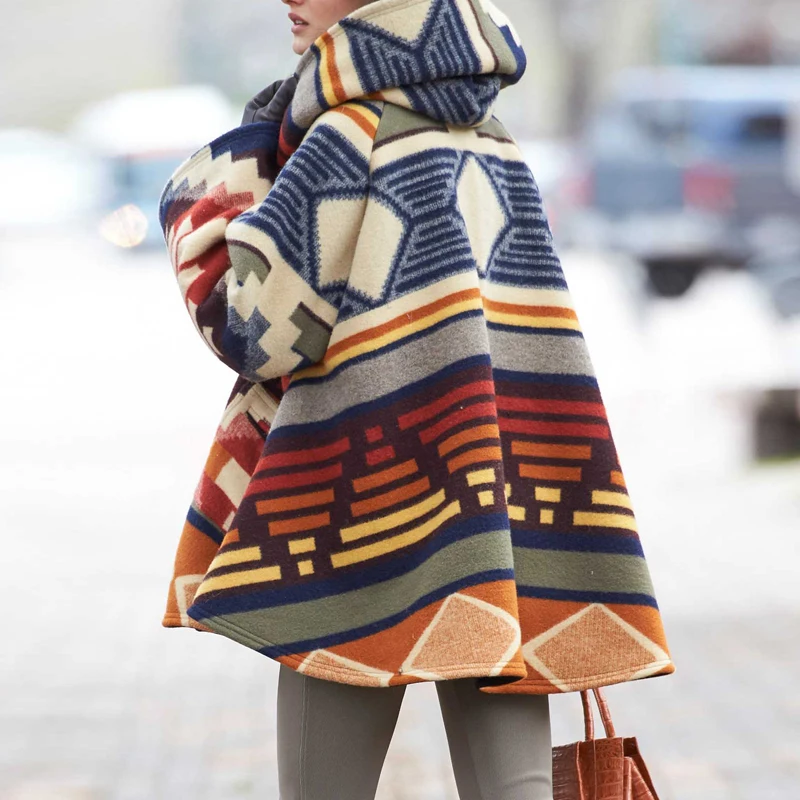 Hot Sale Long-sleeve Coat Hooded Printed Woolen