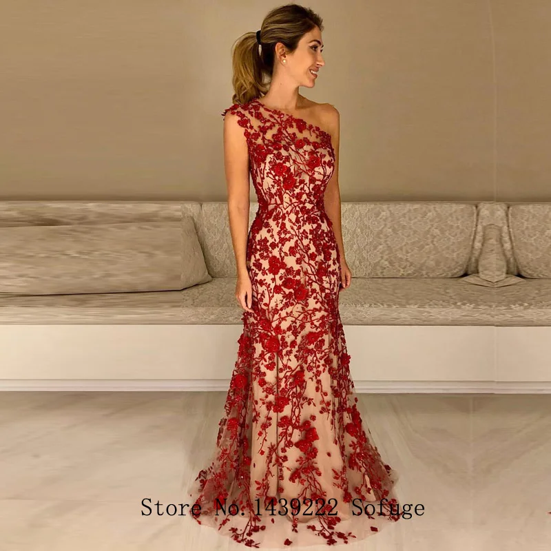 

Red Lace One Shoulder Evening Dresses Prom Flower Appliques Vestidos De Fiesta Robe De Soiree Plus Size