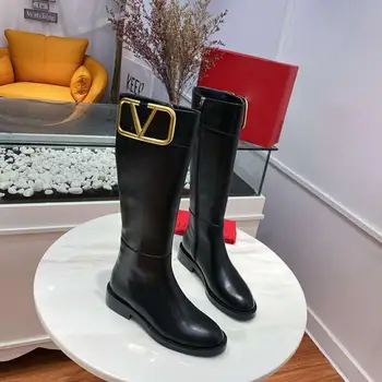 

Genuine Leather 2020 New Autume & Winter Boots For Women Knee-High Metal Decoration Femal Boots Zipper Round Toe Boots Women