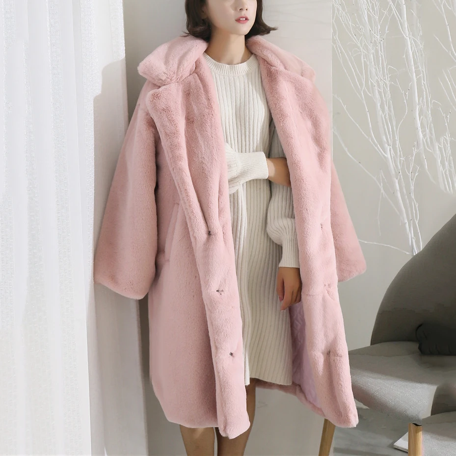 Роскошное длинное меховое пальто новое зимнее утепленное пальто из искусственного меха женское праздничное розовое пальто с искусственным кроличьим мехом большого размера меховое пальто