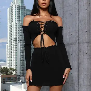 

2019 Women Short Lace Up Backless Slash Neck Top Bandage Long Sleeve Crop Set Hollow Out Slim Club Sexy Sets