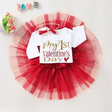 Одежда для новорожденных девочек с надписью «MY 1st Valentine's Day», комбинезон+ фатиновая юбка в сеточку+ повязка на голову, весенняя одежда из 3 предметов для детей 0-18 месяцев