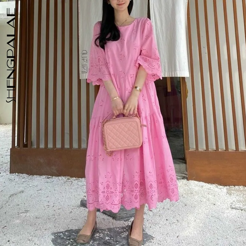 SHENGPALAE 2020 New Summer Women Vintage Loose High Waist Slim Was Thin Elegant Solid Color Hollow Out Maxi Dress ZA5599 SHENGPALAE 2020 New Summer Women Vintage Loose High Waist Slim Was Thin Elegant Solid Color Hollow Out Maxi Dress ZA5599