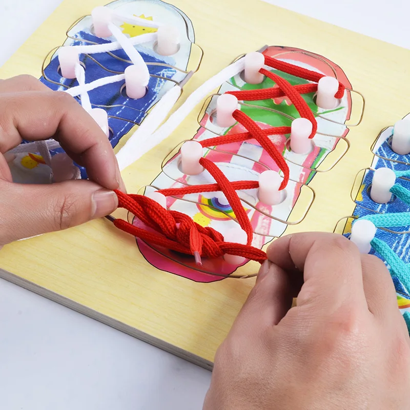 Дети деревянные 3d обучение по головоломкам завязывание галстук шнурки игра