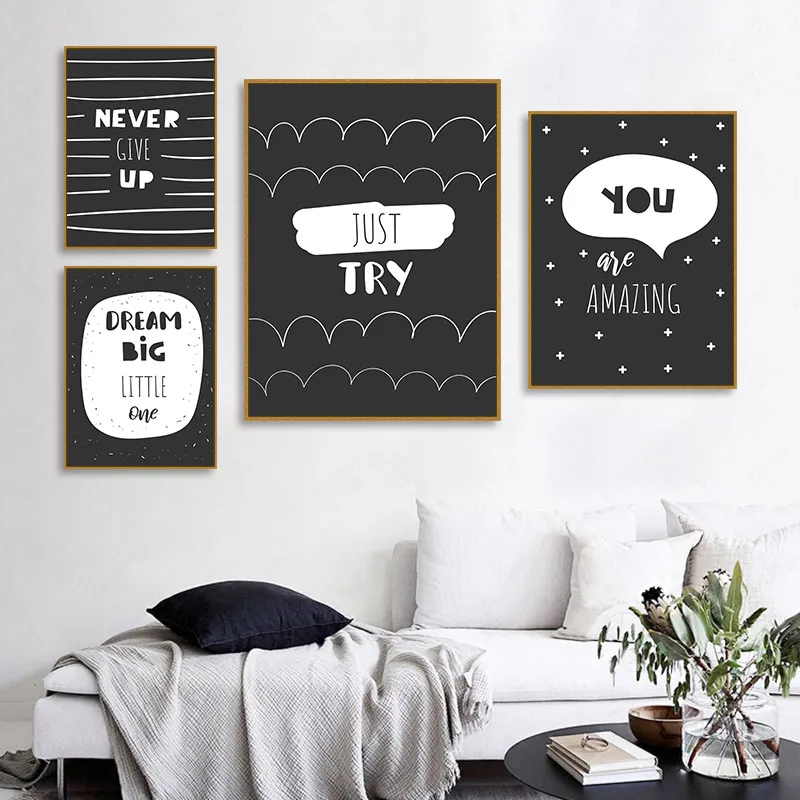 

Scandinavian Quote Poster Dream Inspirational Canvas Print Decoration Black And White Letter Painting Picture Home Bedroom Wall