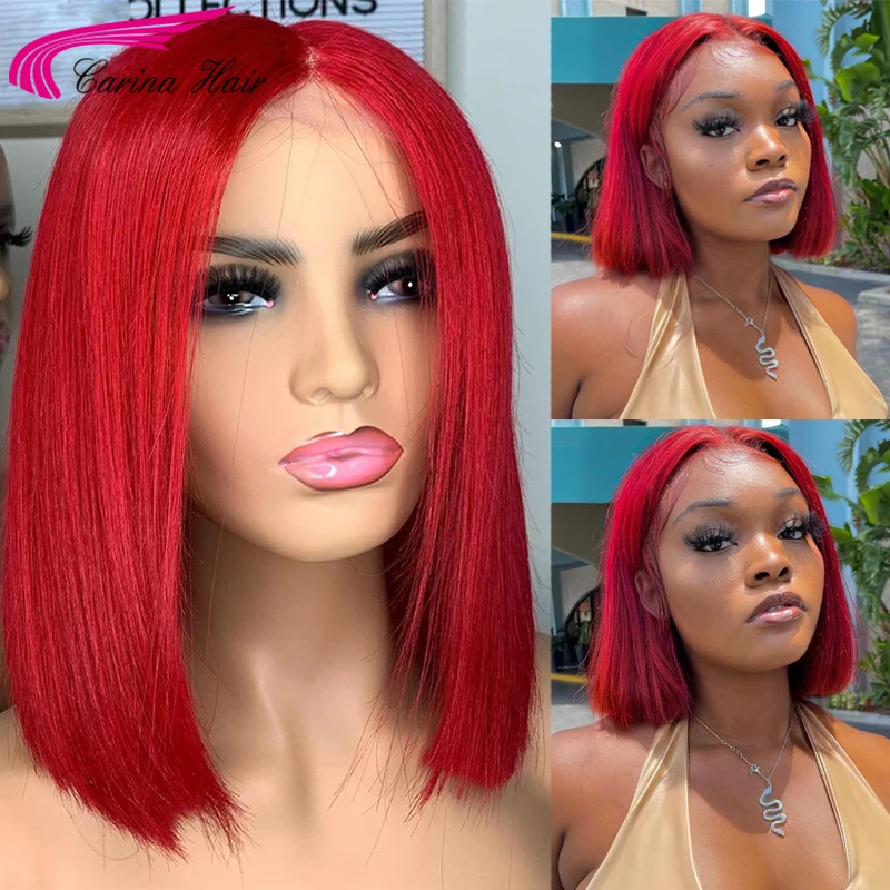 Photo Product Red Wig Short Bob Straight 13x1 Lace Front Human Hair Wigs Colored Blue 180% Brazilian Wigs For Women Preplucked