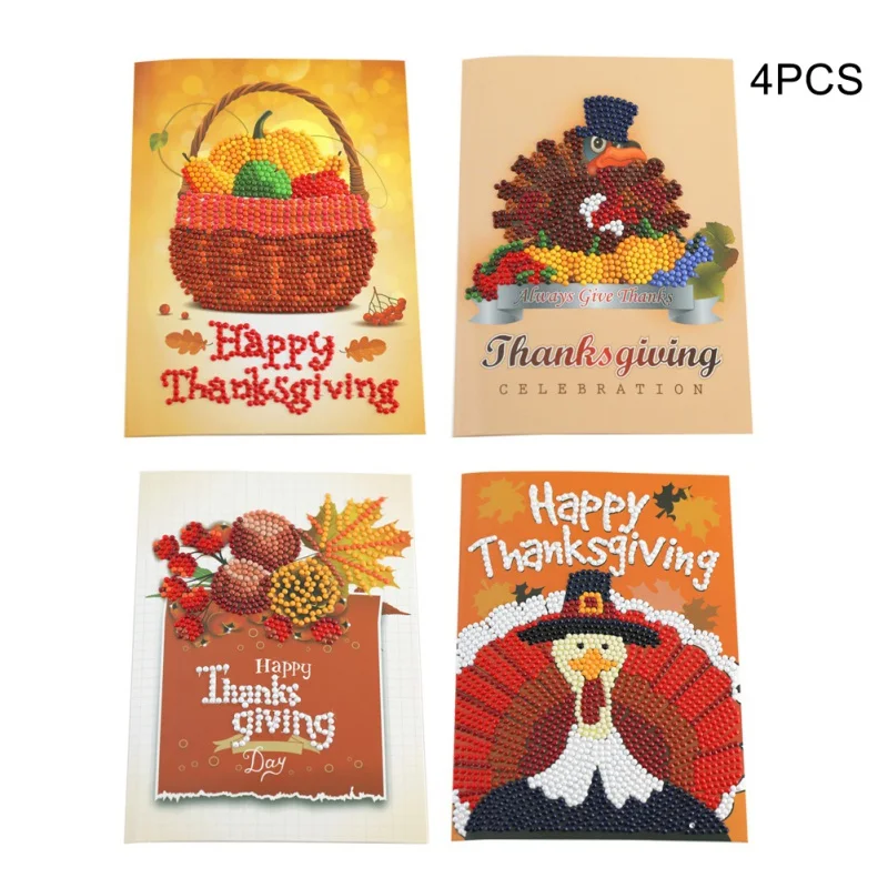  4PCS Thanksgiving Cards 5D DIY Diamond Painting Cross Stitch Greeting Card Invitations Hand Embroid - 4000293274922