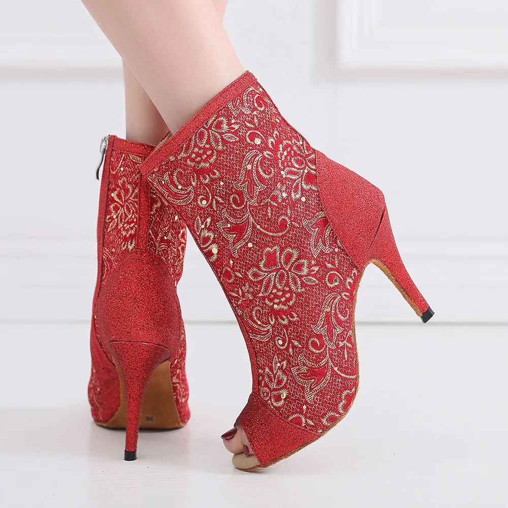 

Discounts Salsa Jazz Tango Outdoor Rubber Sole Practice Latin Dance Shoes for Women Dancing Female High Heels Flock Boots