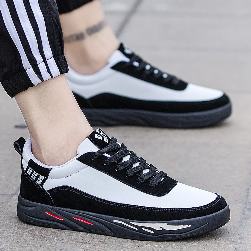 Fashion Casual Shoes Men Sports Shoes Flat Shoes Leather Shoes Patchwork Male Vulcanized Shoes Outdoor Shoe Lace-Up Sneakers New