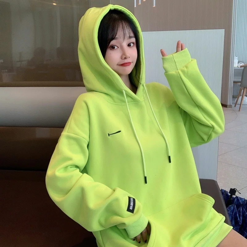 

Thicken Sweatshirt Women's Fall/Winter 2021 Korean Hooded Pure Color Long Sleeve Loose Sweatshirt En*