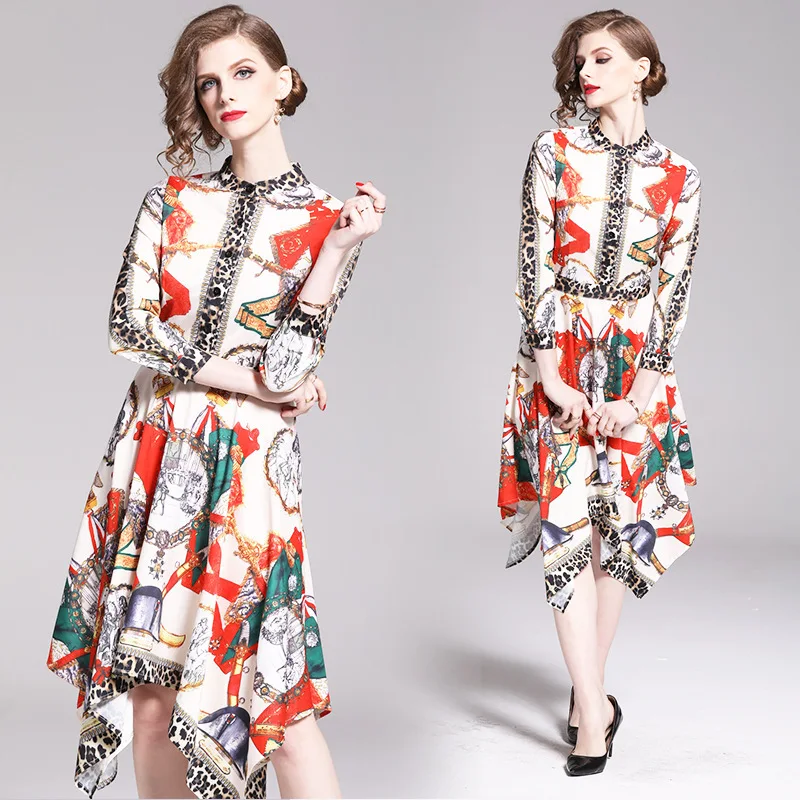

Photo Shoot 2019 New Style Debutante Elegant Stand Collar Long Sleeve Leopord Pattern Joint Printed Irregular Swallow Tail Pendu