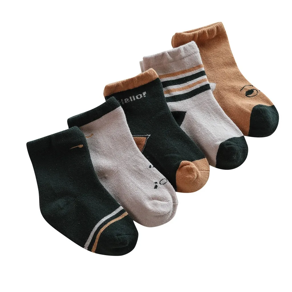 Khaki 5 пар, милые Мультяшные носки из хлопка для детей, унисекс Детские носки с лисой для девочек и мальчиков, мягкие осенне-зимние милые носки до лодыжки, комплект - Цвет: Khaki