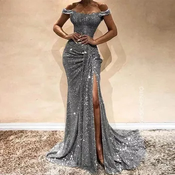 

Women Nude Sexy Sequined Bodycon Maxi Dress Offer Shoulder Thigh-High Slit Party Club Slim Sheath Long Dress