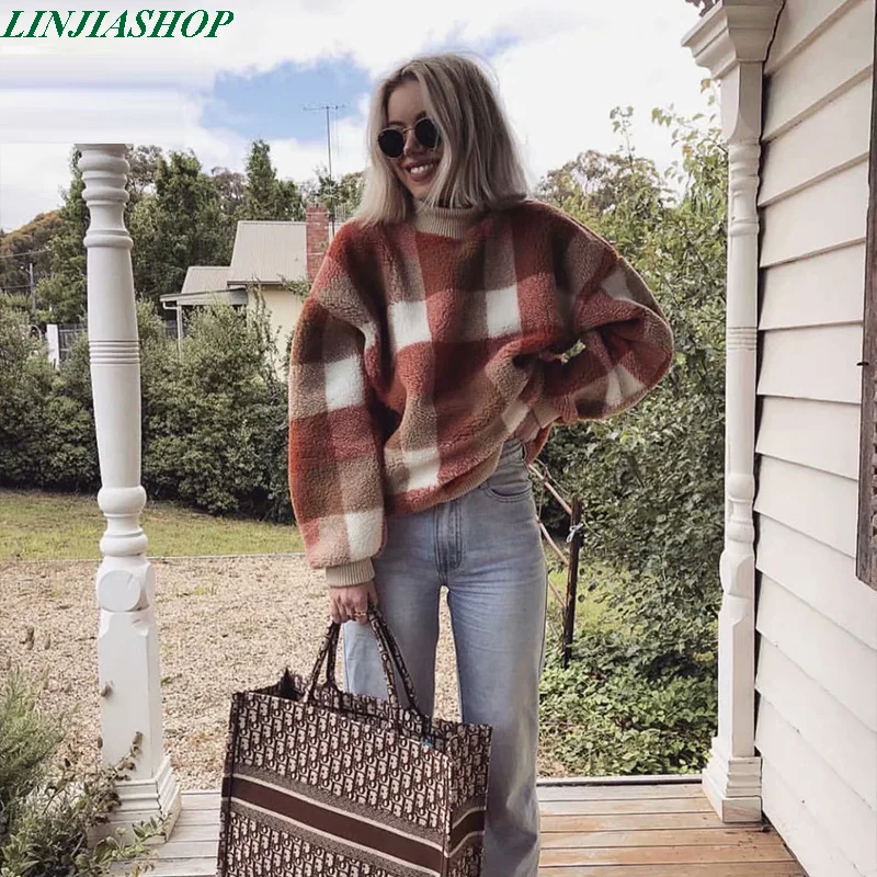 

Casual lamb wool plaid sweaters women pollovers loose female autumn winter loose lady coat