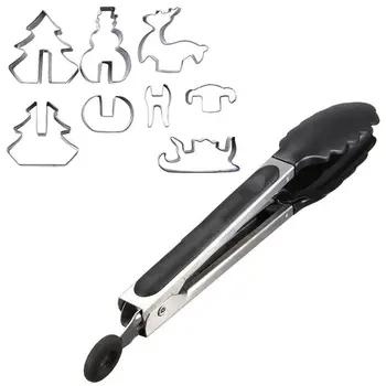 

Silicone Salad Tongs Serving BBQ Stainless Steel Handle Utensil with 8 Pcs 3D Christmas Cookie Cutters Set