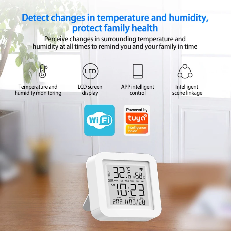 Sensor de Temperatura e Umidade Termômetro com Display Trabalhando com Alexa Assistente do Google Tuya Wifi Higrômetro Interior Lcd 2 High Quality Segurança e Proteção