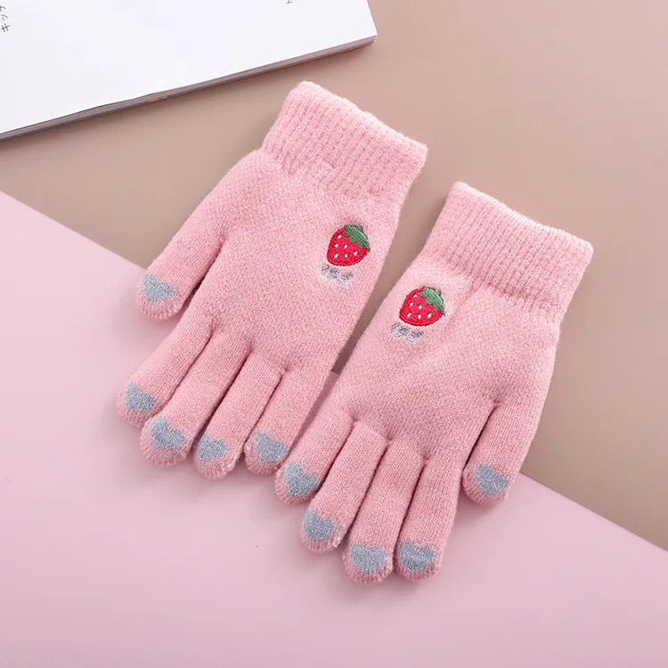 Высококачественные зимние детские теплые вязаные перчатки для девочек, бархатные вязаные перчатки для детей, От 6 до 10 лет с фруктами - Цвет: pink