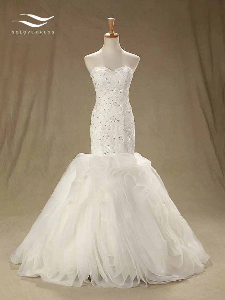 

Sweetherat Floor-Length Mermaid Sleeveless Wedding dress Court Train Lace Sequins Bridal Gown Custom made Real Photos (SL-W216)