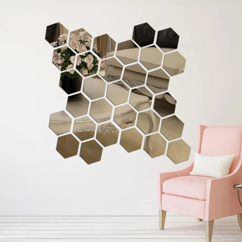 

12/24/36/48Pcs/Set 3D Hexagon Acrylic Mirror Wall Stickers DIY Art Wall Stickers Living Room Mirrored Decorative Stickers