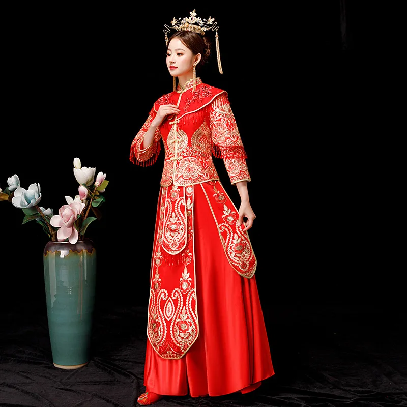 

Chinese Traditional Wedding Dress 2019 Spring New Style Chinese Style Bride Marriage Formal Dress for Toast Dragon And Phoenix G